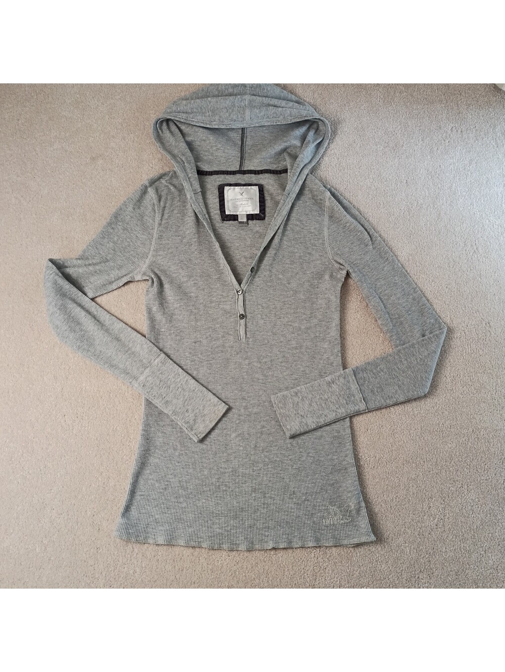 American Eagle Vtg Y2K Henley Thermal Hoodie Grey Bella Swan Elena Core L